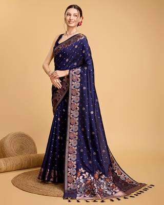 Navy Blue Woven Faux Banarasi Zari Silk saree With Blouse Piece 3