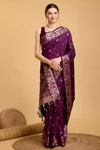 Purple Woven Faux Banarasi Zari Silk saree With Blouse Piece