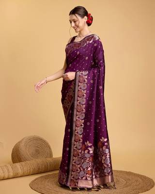 Purple Woven Faux Banarasi Zari Silk saree With Blouse Piece 3