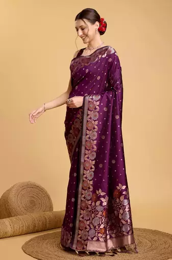 Purple Woven Faux Banarasi Zari Silk saree With Blouse Piece