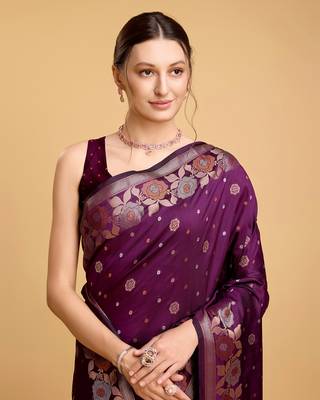 Purple Woven Faux Banarasi Zari Silk saree With Blouse Piece 4