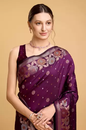 Purple Woven Faux Banarasi Zari Silk saree With Blouse Piece