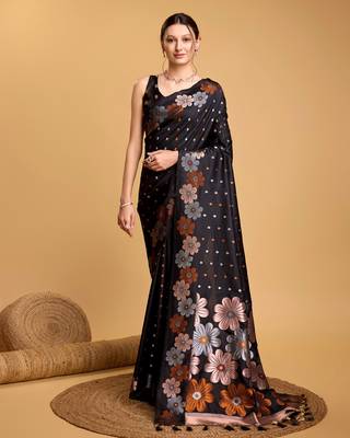 Black Woven Faux Banarasi Zari Silk saree With Blouse Piece 1
