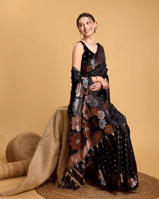 Black Woven Faux Banarasi Zari Silk saree With Blouse Piece 2