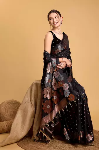 Black Woven Faux Banarasi Zari Silk saree With Blouse Piece