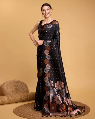 Black Woven Faux Banarasi Zari Silk saree With Blouse Piece 3