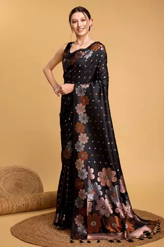 Black Woven Faux Banarasi Zari Silk saree With Blouse Piece