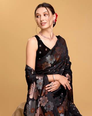 Black Woven Faux Banarasi Zari Silk saree With Blouse Piece 4