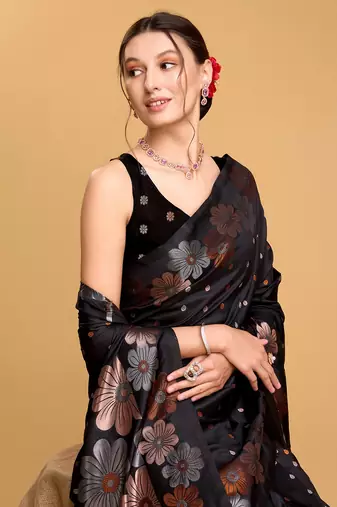 Black Woven Faux Banarasi Zari Silk saree With Blouse Piece