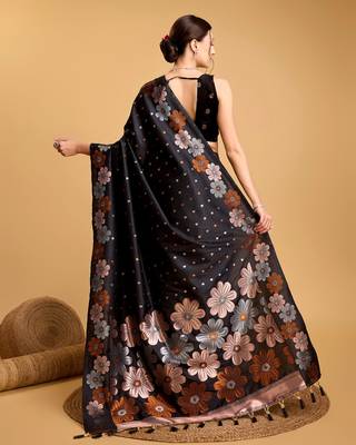 Black Woven Faux Banarasi Zari Silk saree With Blouse Piece 5