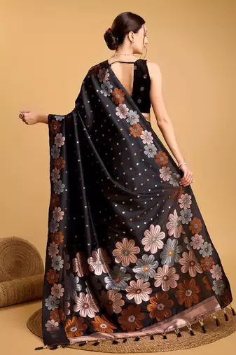 Black Woven Faux Banarasi Zari Silk saree With Blouse Piece