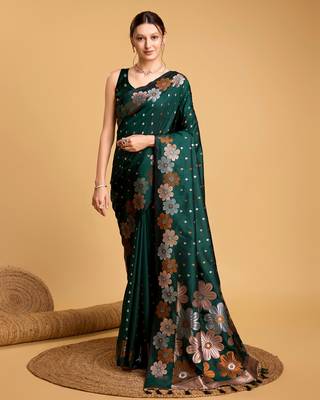 Green Woven Faux Banarasi Zari Silk saree With Blouse Piece 1