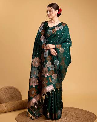 Green Woven Faux Banarasi Zari Silk saree With Blouse Piece 2