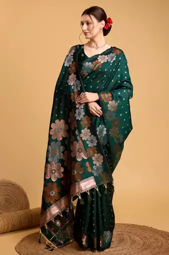 Green Woven Faux Banarasi Zari Silk saree With Blouse Piece
