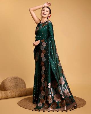 Green Woven Faux Banarasi Zari Silk saree With Blouse Piece 3