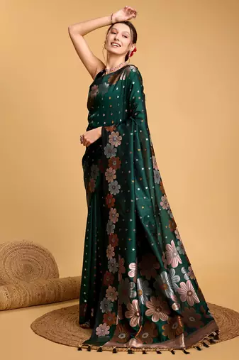 Green Woven Faux Banarasi Zari Silk saree With Blouse Piece