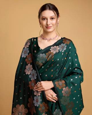 Green Woven Faux Banarasi Zari Silk saree With Blouse Piece 4