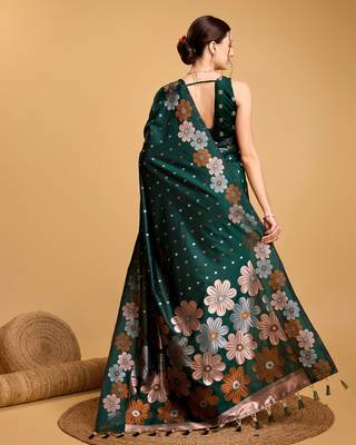 Green Woven Faux Banarasi Zari Silk saree With Blouse Piece 5
