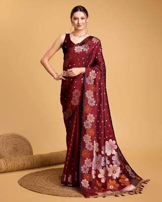 Maroon Woven Faux Banarasi Zari Silk saree With Blouse Piece 1