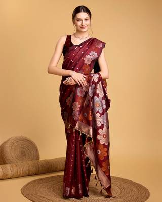 Maroon Woven Faux Banarasi Zari Silk saree With Blouse Piece 2