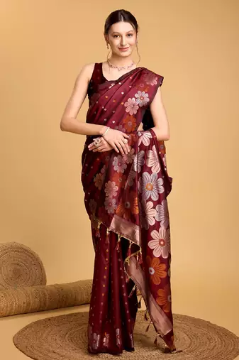 Maroon Woven Faux Banarasi Zari Silk saree With Blouse Piece