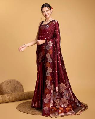 Maroon Woven Faux Banarasi Zari Silk saree With Blouse Piece 3
