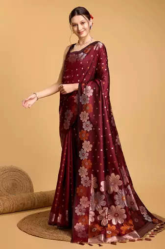 Maroon Woven Faux Banarasi Zari Silk saree With Blouse Piece