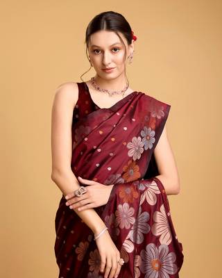 Maroon Woven Faux Banarasi Zari Silk saree With Blouse Piece 4