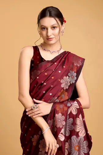 Maroon Woven Faux Banarasi Zari Silk saree With Blouse Piece