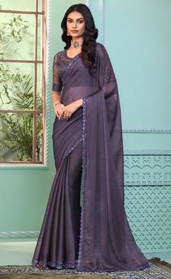 Women'S Purple Georgette Embellished Saree With Embroidered Border Comes With Heavy Work Blouse Piece 1