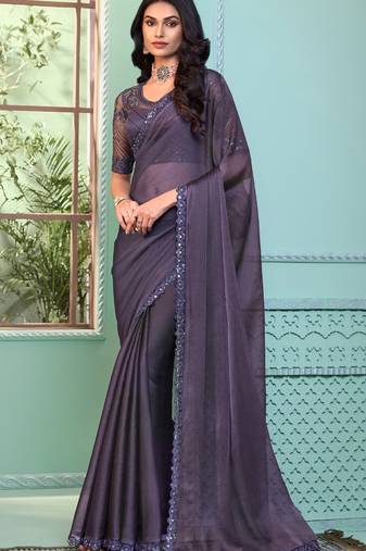 Women'S Purple Georgette Embellished Saree With Embroidered Border Comes With Heavy Work Blouse Piece