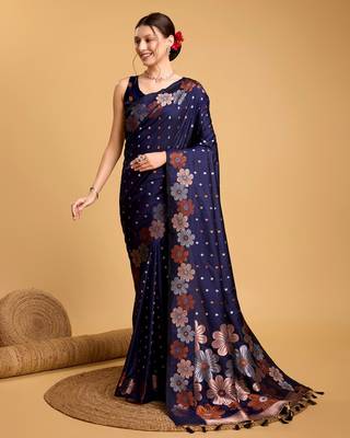 Navy Blue Woven Faux Banarasi Zari Silk saree With Blouse Piece 1