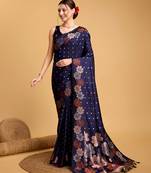 Navy Blue Woven Faux Banarasi Zari Silk saree With Blouse Piece