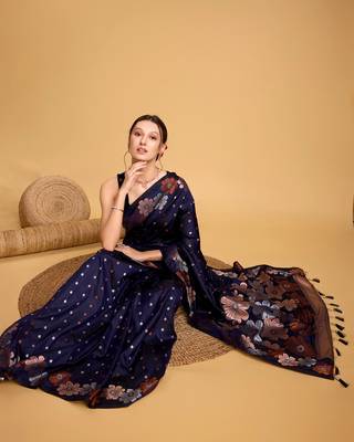 Navy Blue Woven Faux Banarasi Zari Silk saree With Blouse Piece 2