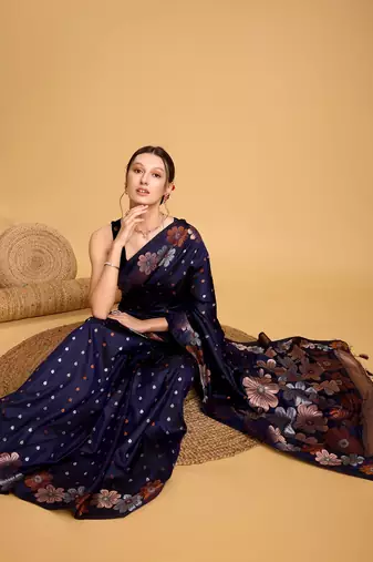 Navy Blue Woven Faux Banarasi Zari Silk saree With Blouse Piece