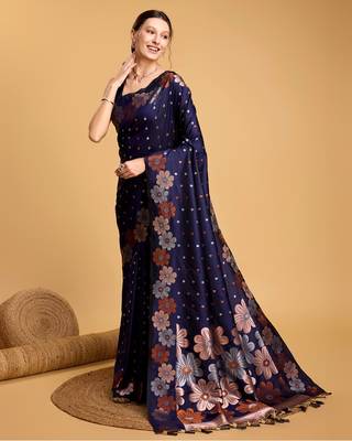 Navy Blue Woven Faux Banarasi Zari Silk saree With Blouse Piece 3