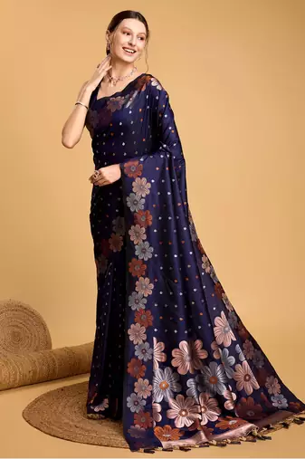 Navy Blue Woven Faux Banarasi Zari Silk saree With Blouse Piece