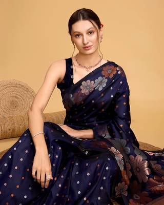 Navy Blue Woven Faux Banarasi Zari Silk saree With Blouse Piece 4