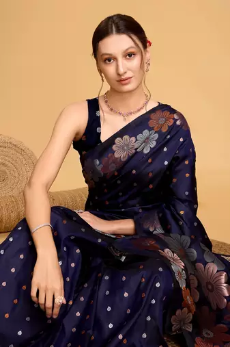 Navy Blue Woven Faux Banarasi Zari Silk saree With Blouse Piece