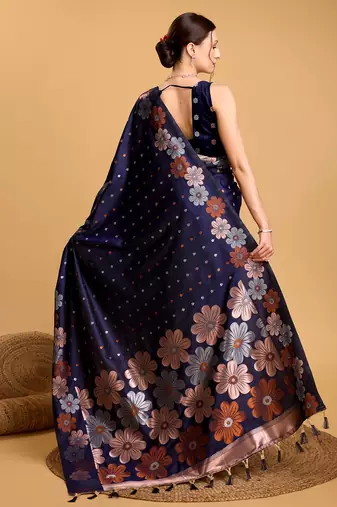 Navy Blue Woven Faux Banarasi Zari Silk saree With Blouse Piece