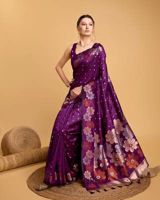 Purple Woven Faux Banarasi Zari Silk saree With Blouse Piece 2