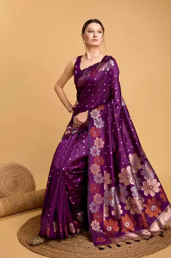 Purple Woven Faux Banarasi Zari Silk saree With Blouse Piece