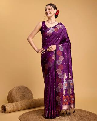 Purple Woven Faux Banarasi Zari Silk saree With Blouse Piece 3