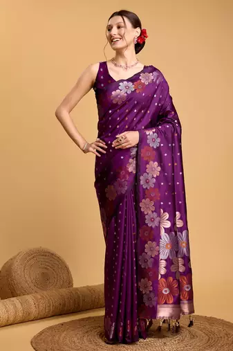 Purple Woven Faux Banarasi Zari Silk saree With Blouse Piece