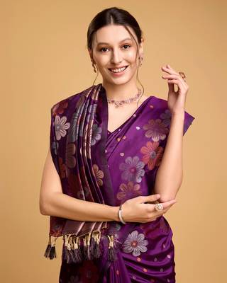 Purple Woven Faux Banarasi Zari Silk saree With Blouse Piece 5