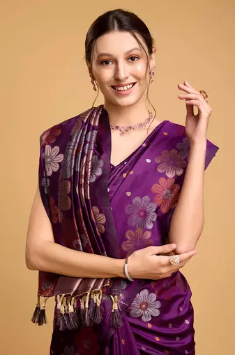 Purple Woven Faux Banarasi Zari Silk saree With Blouse Piece