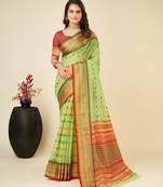 Green Woven Kota Doria Cotton Silk saree With Blouse Piece