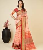 Peach Woven Kota Doria Cotton Silk saree With Blouse Piece