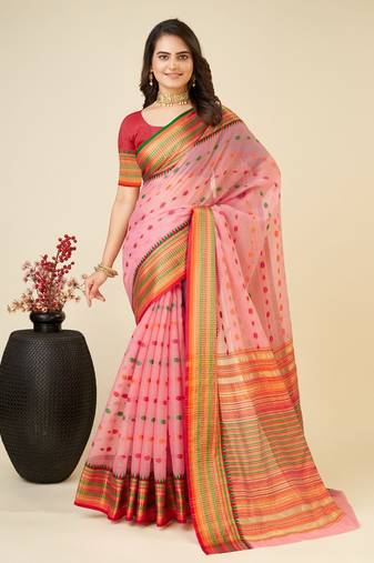 Pink Woven Kota Doria Cotton Silk saree With Blouse Piece