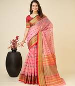 Pink Woven Kota Doria Cotton Silk saree With Blouse Piece